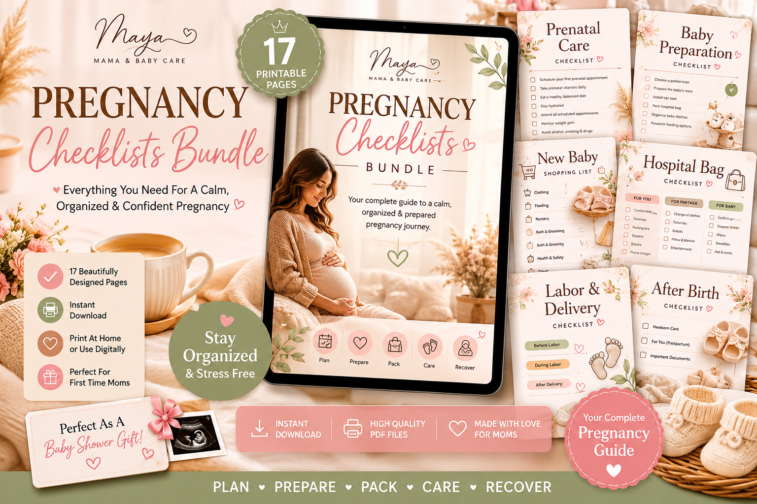 Pregnancy Checklists Bundle Printable PDF | Hospital Bag, Baby Prep, Labor & Postpartum Planner for First Time Moms